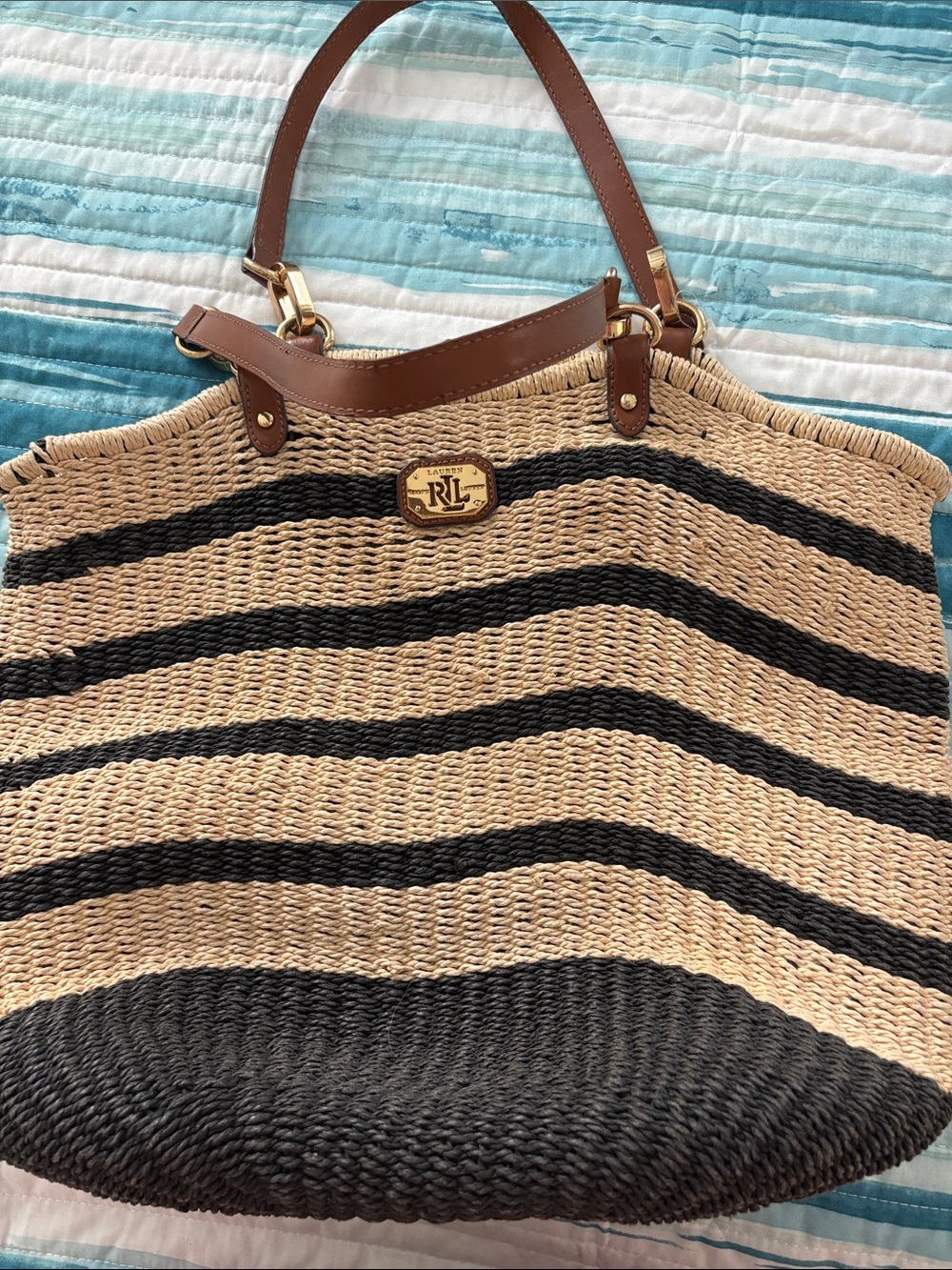 Ralph Lauren Natural & Black Striped Straw Tote with Brown Leather Handles